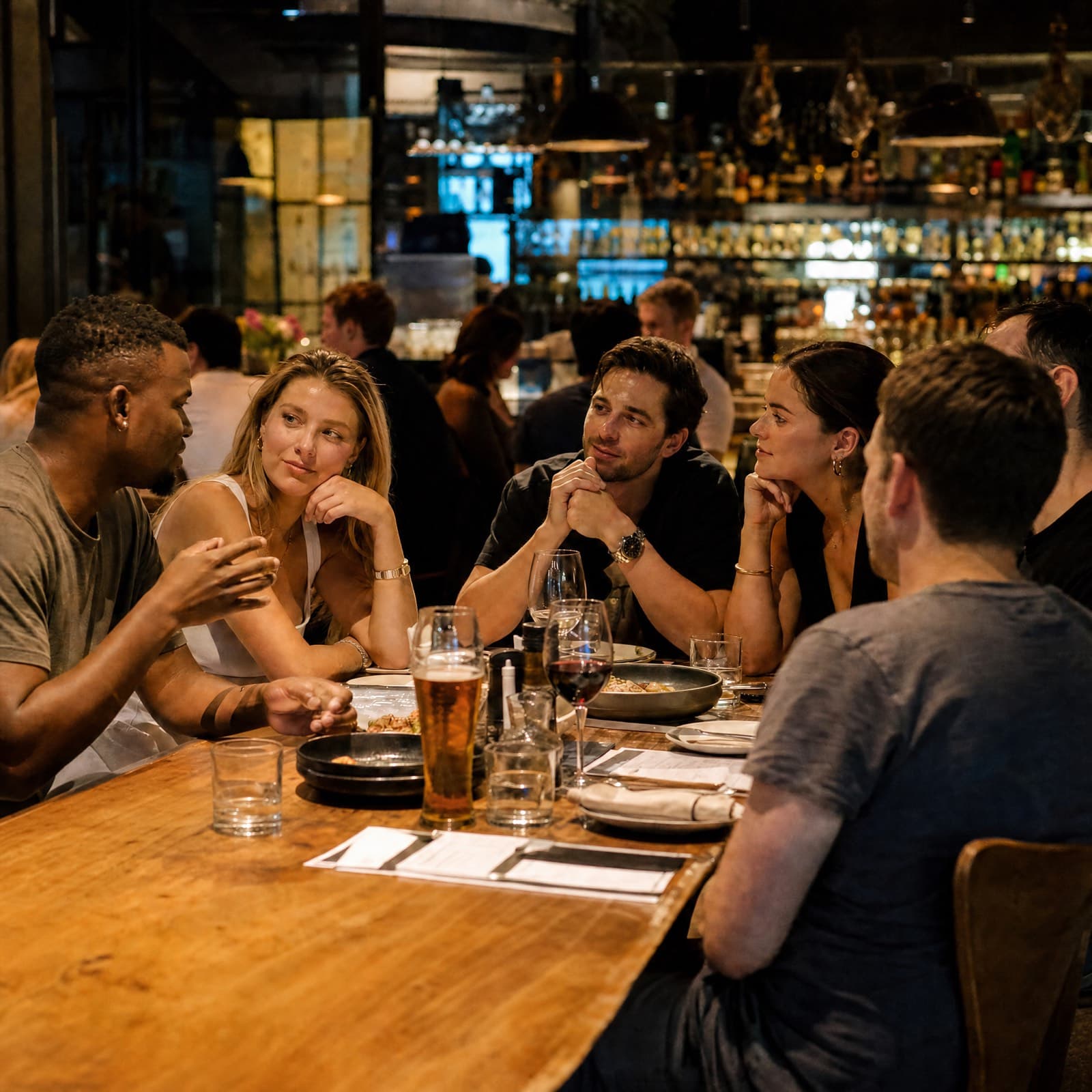 Six friends in conversation around a wooden table at a dimly lit restaurant bar